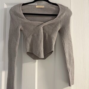 Grey Ribbed Cropped Knit Top